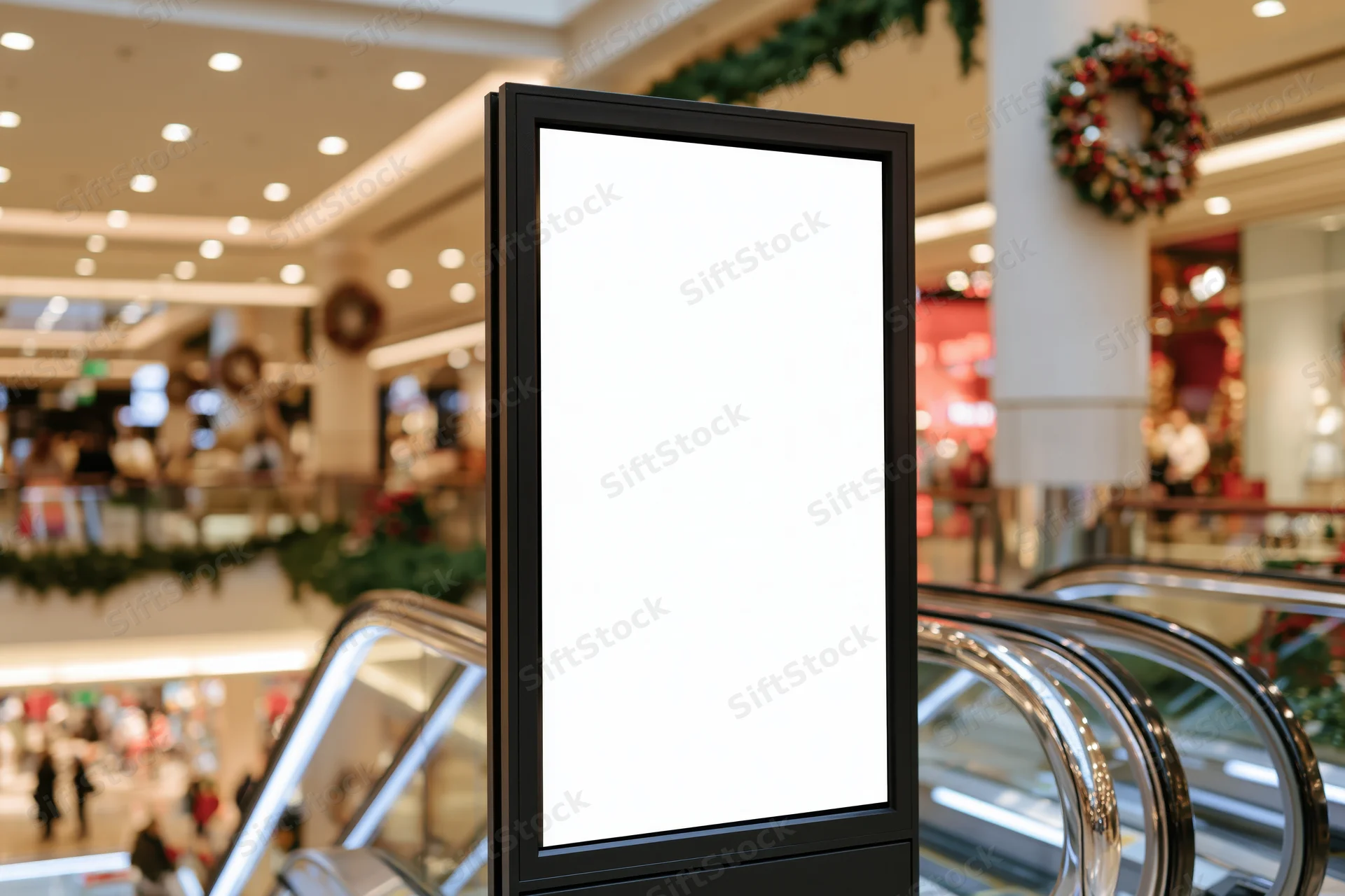 Blank vertical digital display kiosk in a shopping mall interior with christmas decorations and escalators