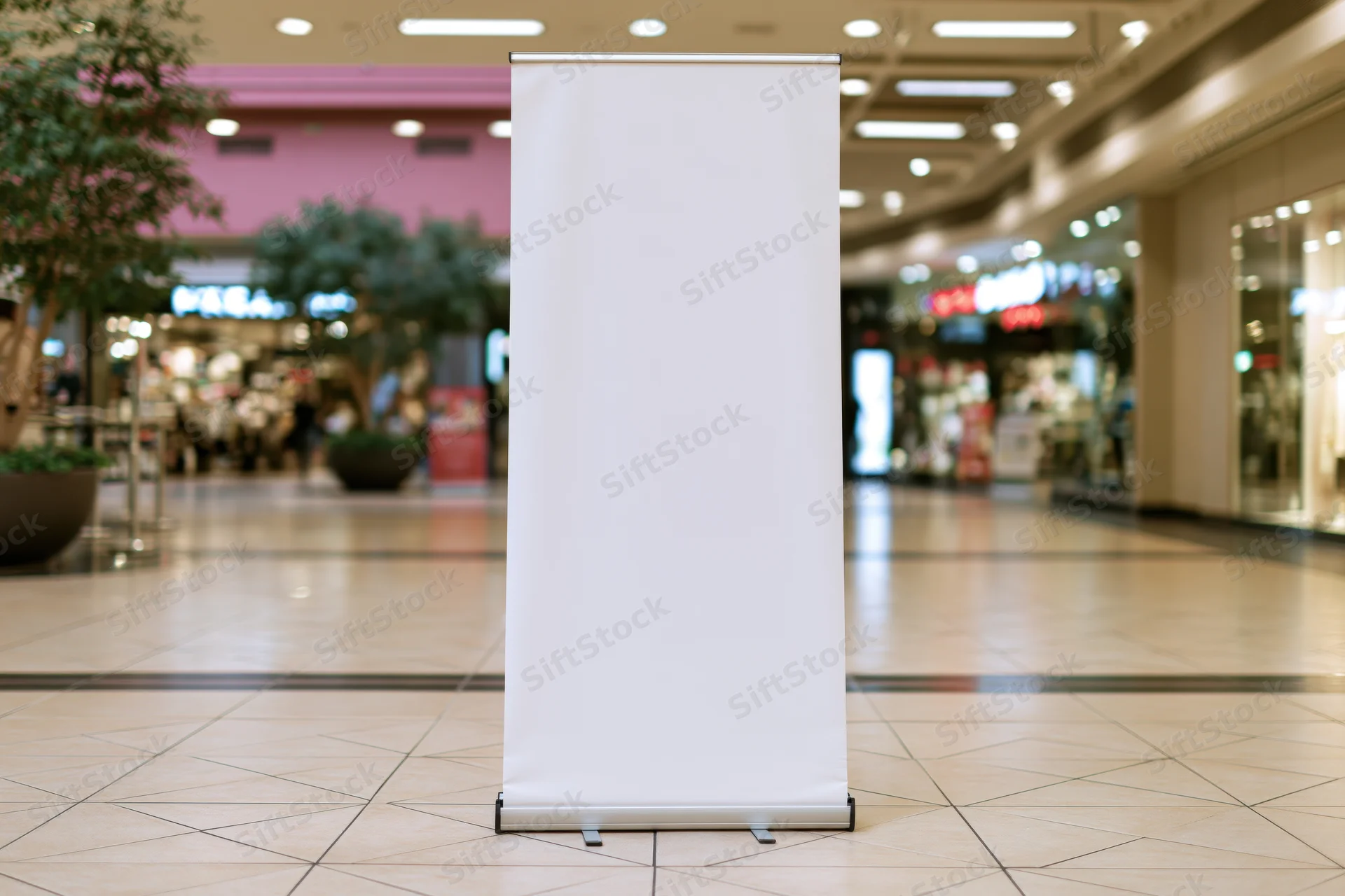 Blank white pull-up banner stand on polished tile floor in shopping mall interior