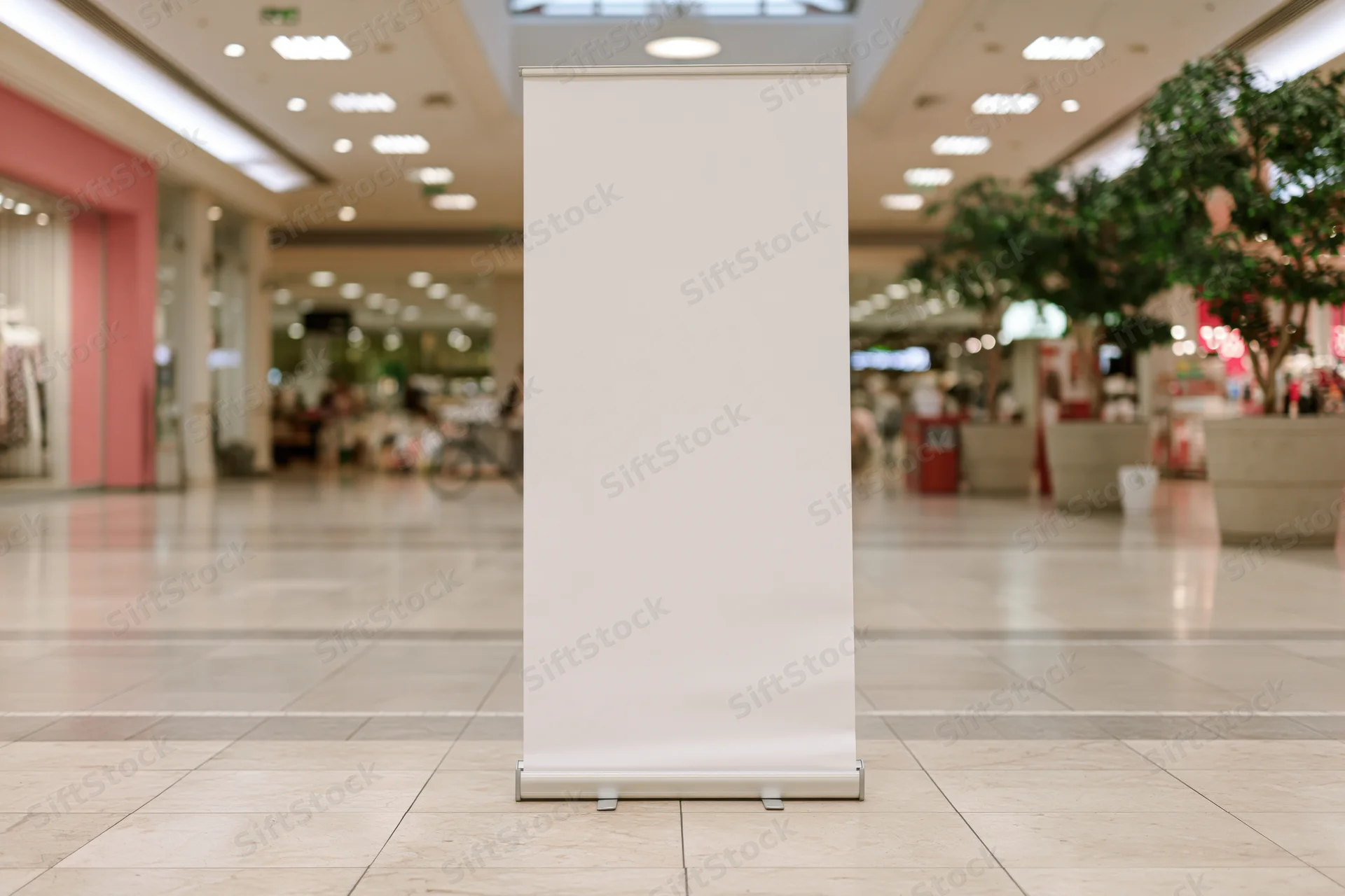 Blank white pull-up banner stand on polished tile floor in shopping mall interior