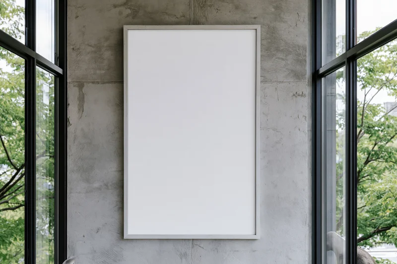 Blank white poster frame mounted on concrete wall between glass windows in modern interior