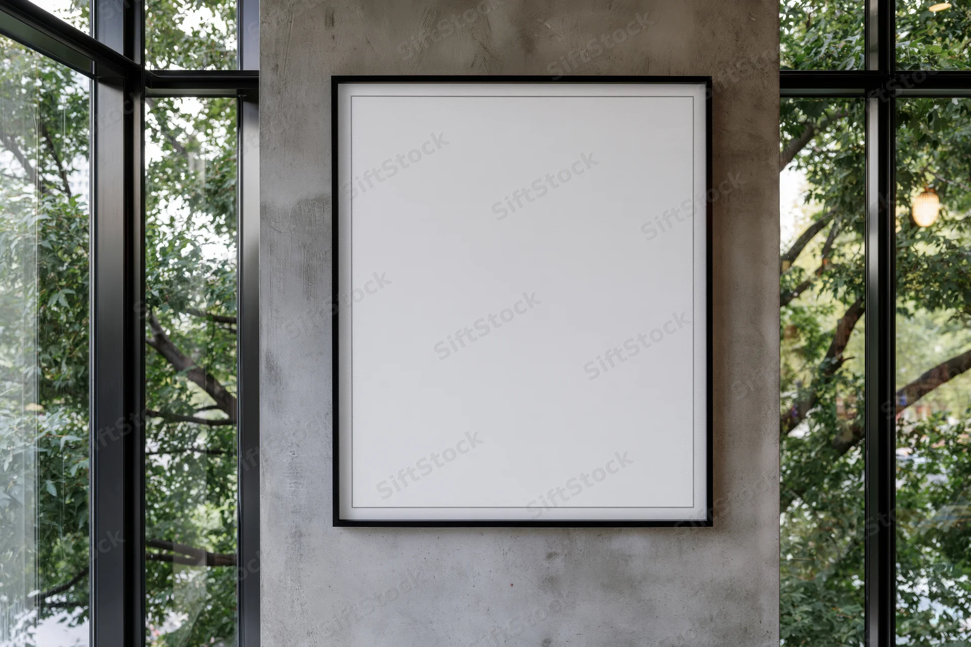 Blank white poster frame mounted on concrete wall between glass windows with trees visible outside
