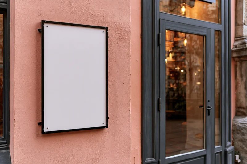 Blank white poster frame mounted on salmon-pink building exterior beside glass storefront door