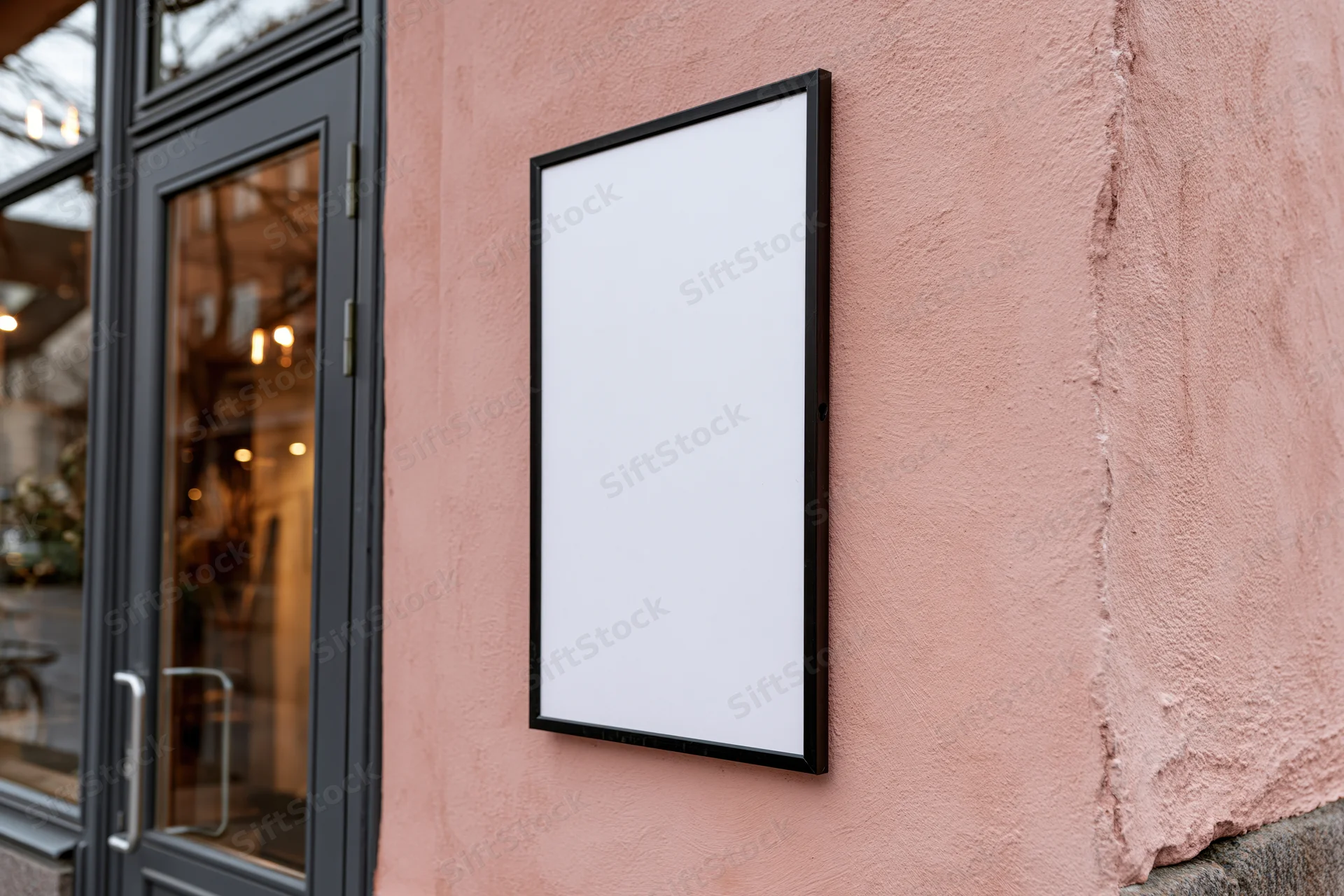 Blank white poster frame mounted on salmon-pink stucco wall beside glass storefront door
