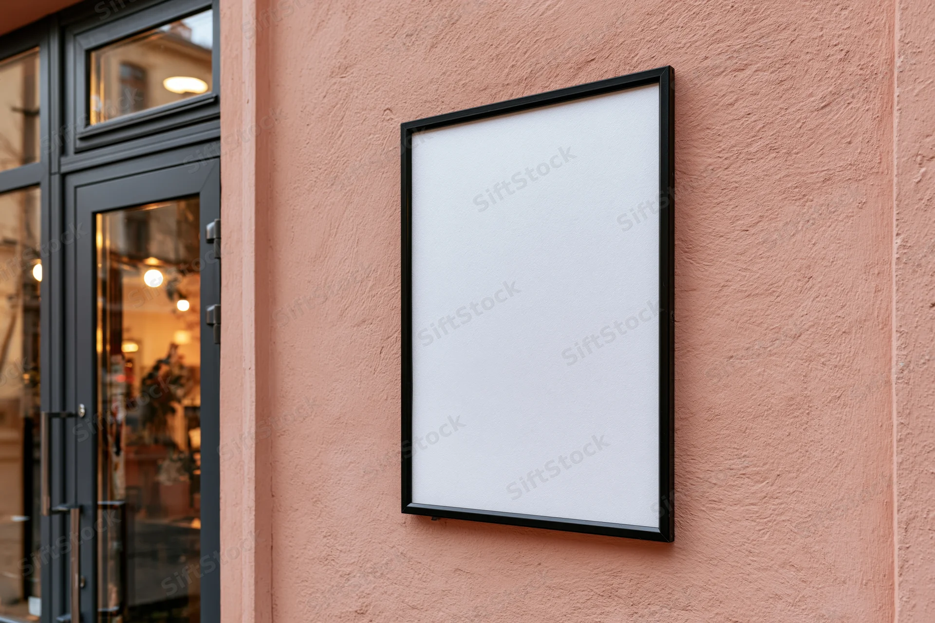 Blank white poster frame mounted on salmon-pink textured wall beside storefront entrance