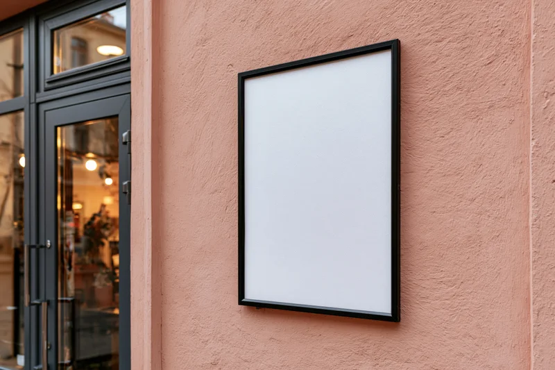 Blank white poster frame mounted on salmon-pink textured wall beside storefront entrance