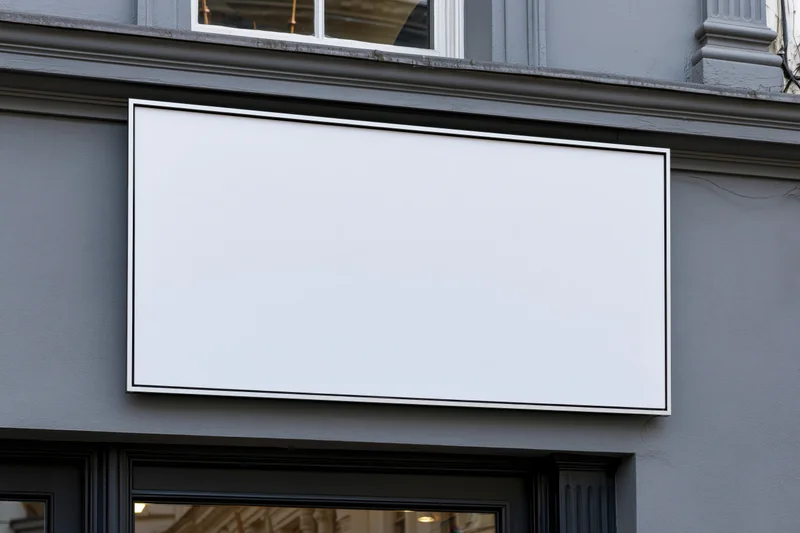 Blank white rectangular sign on a gray storefront facade
