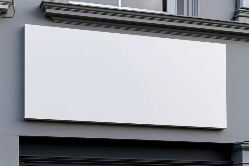 Blank white rectangular sign mounted on gray storefront facade