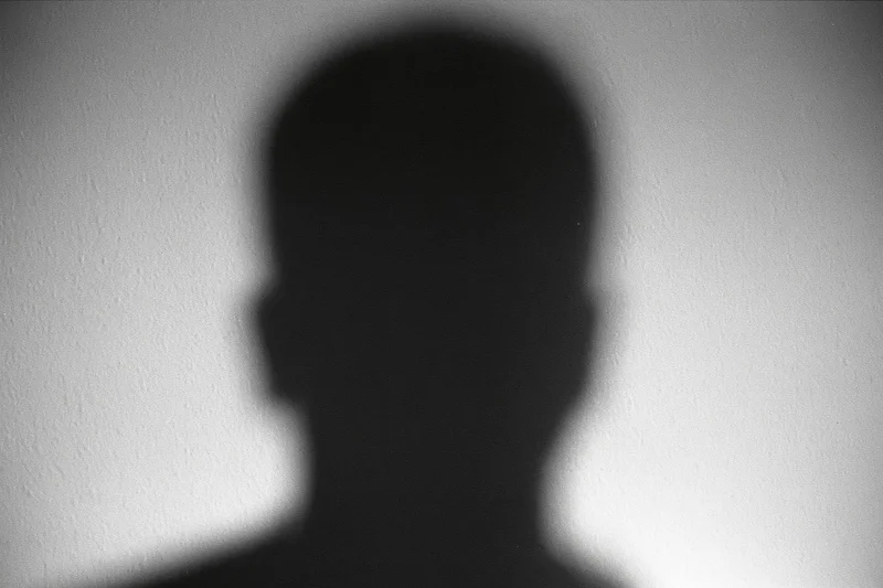 Blurred silhouette of a person's head and shoulders projected on a textured wall