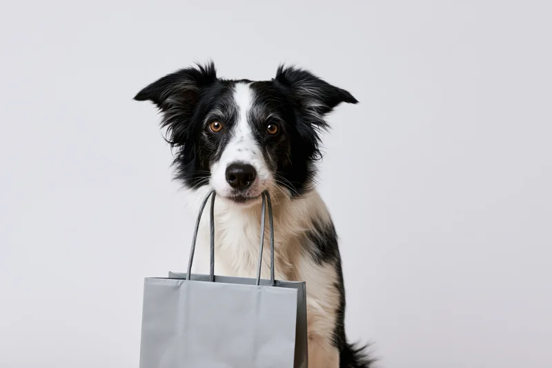 Border collie sitting upright holding a grey paper shopping bag in a studio setting
