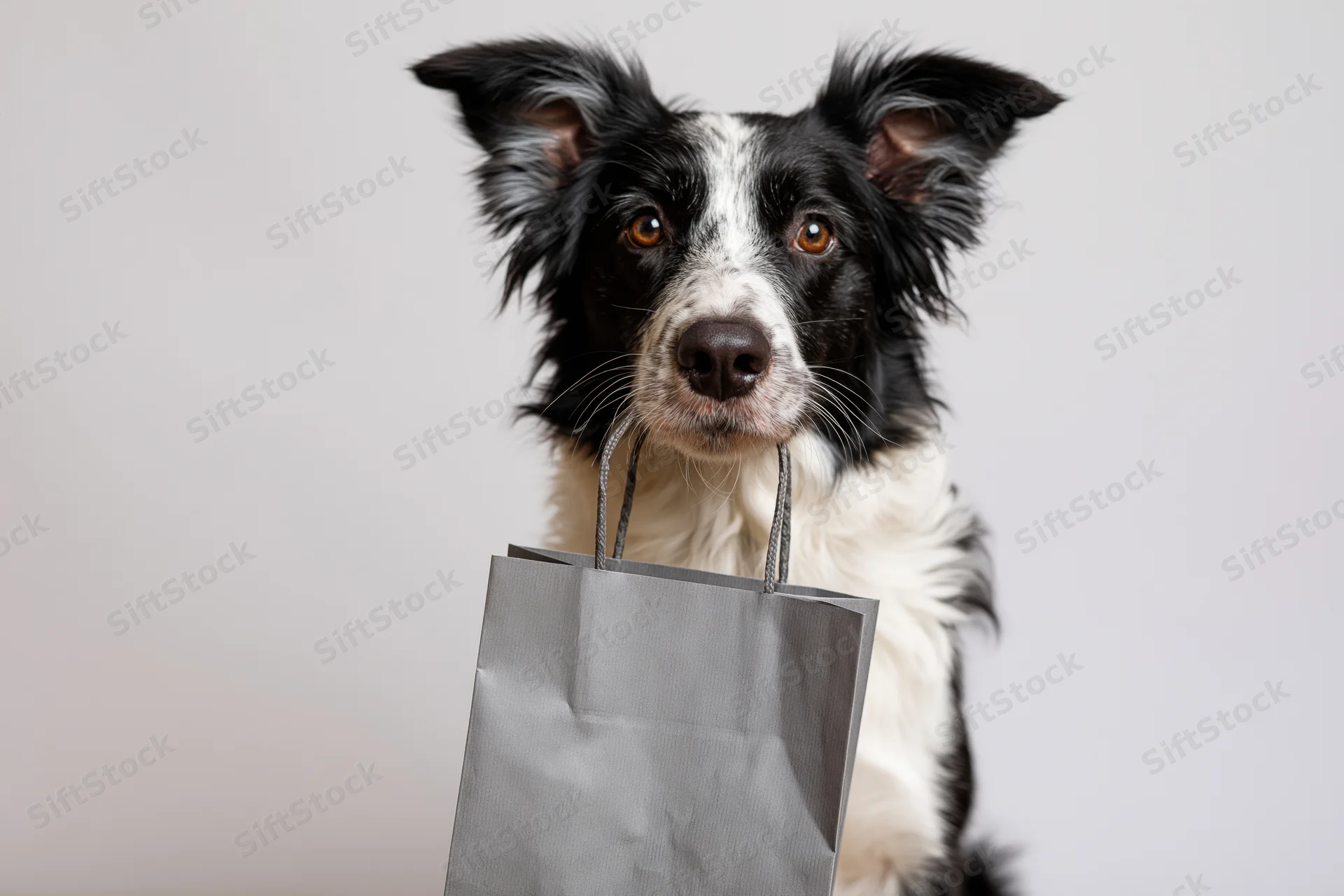 Border collie sitting upright holding a grey paper shopping bag in studio