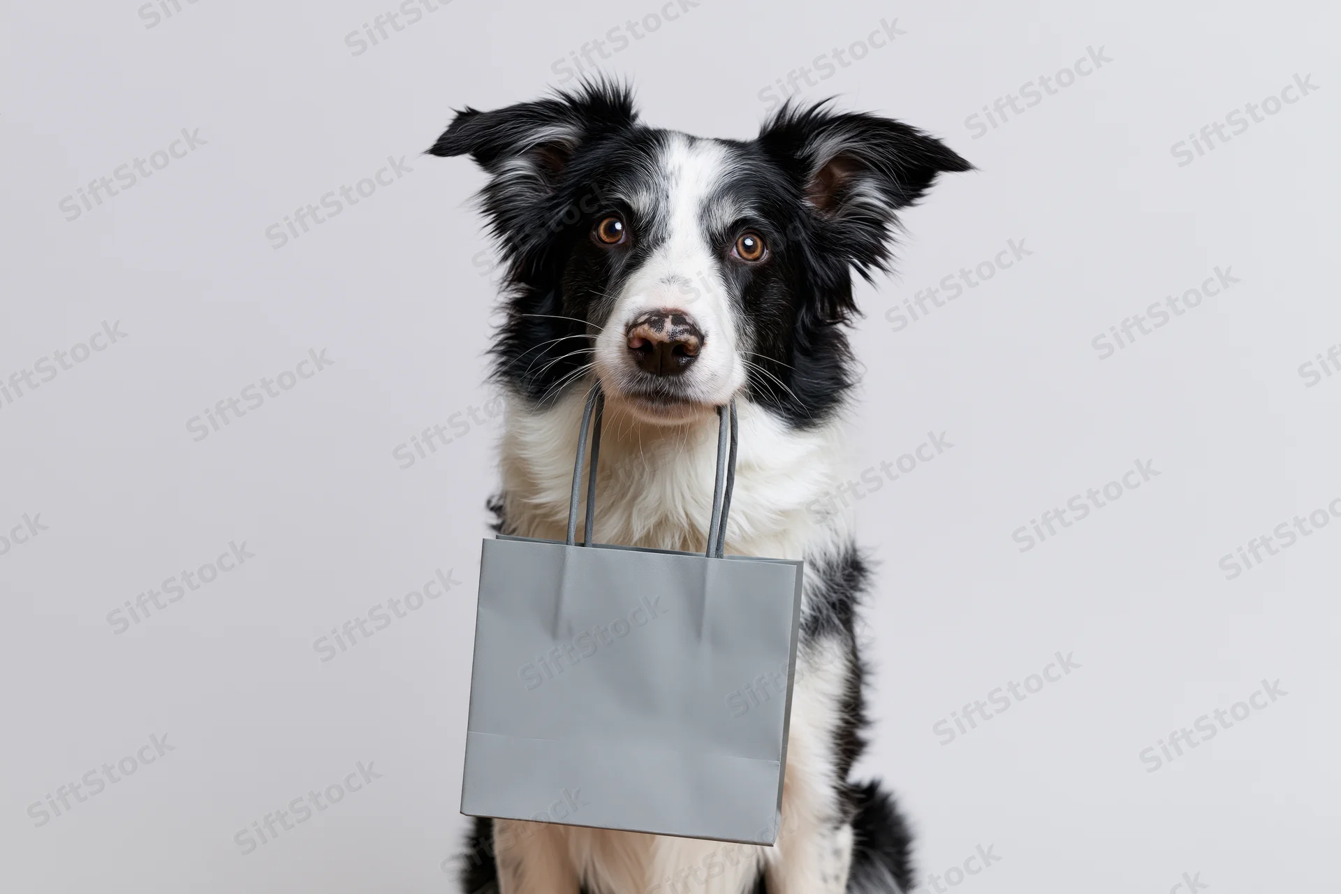 Border collie sitting upright holding a grey paper shopping bag in its mouth against a white background