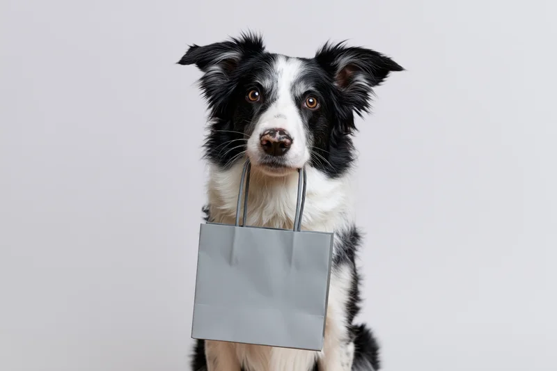 Border collie sitting upright holding a grey paper shopping bag in its mouth against a white background