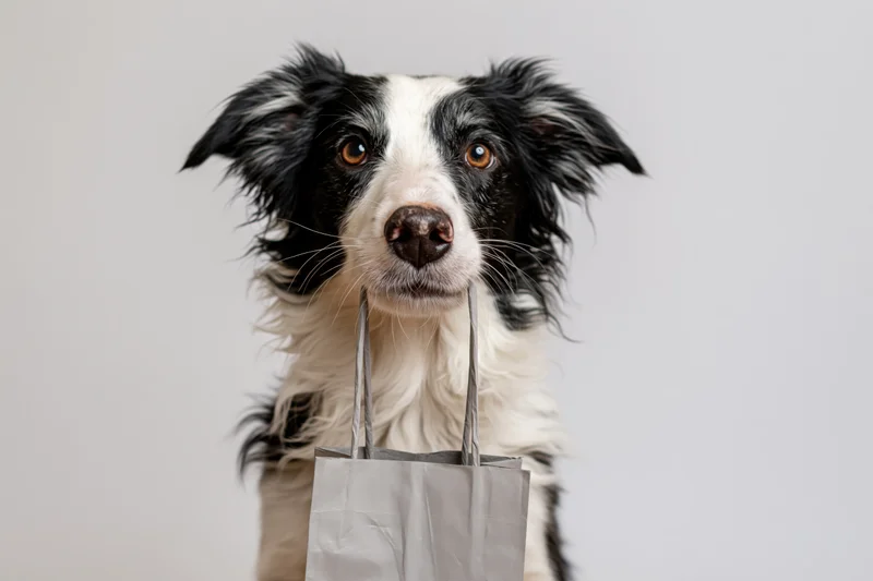 Border collie holding a paper bag upright in a studio setting