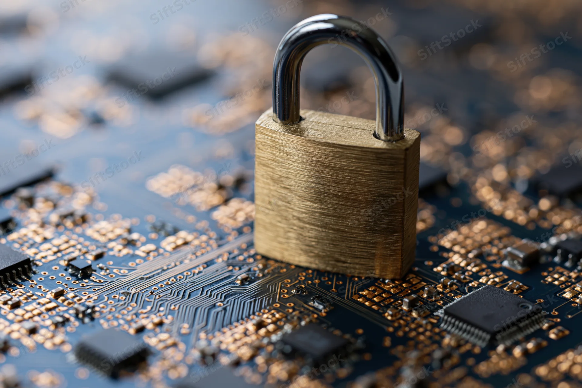 Brass padlock standing upright on a dark blue circuit board with visible chips and traces