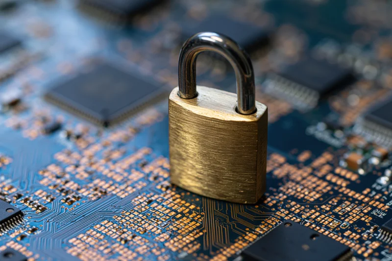 Brass padlock standing upright on a dark blue circuit board