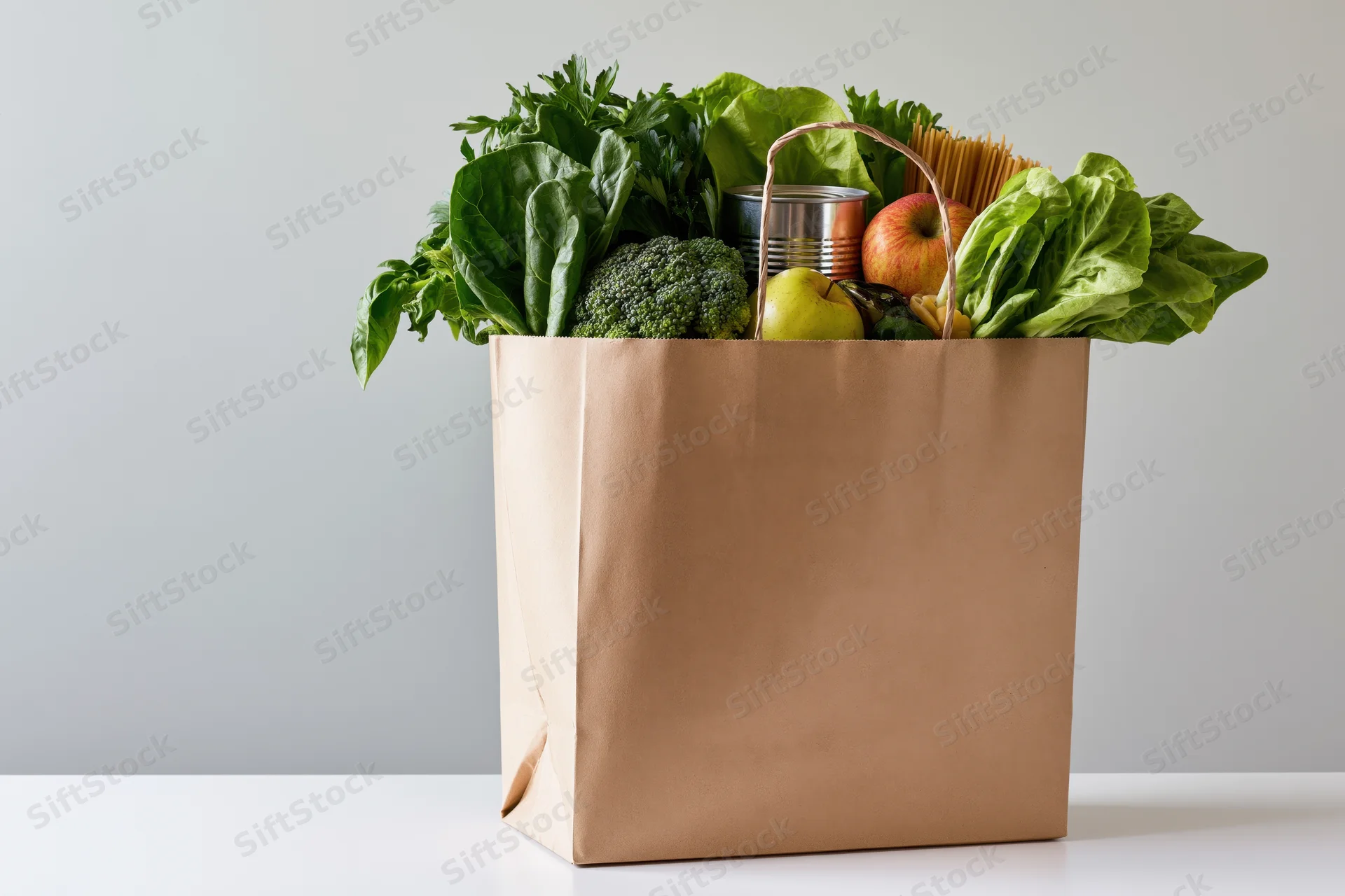 Brown paper grocery bag filled with fresh vegetables and fruits on white surface