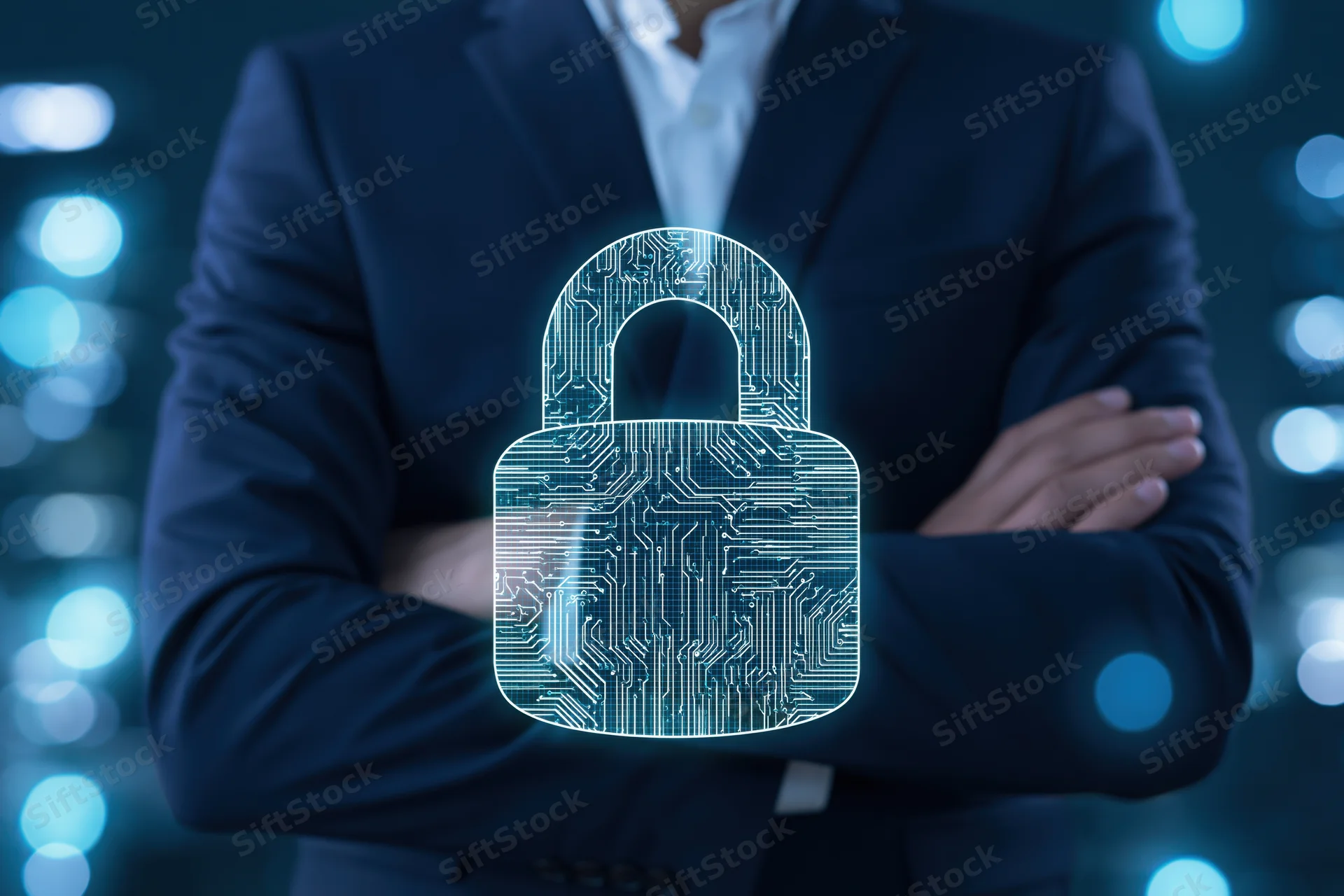 Businessman with arms crossed standing behind a glowing digital lock hologram