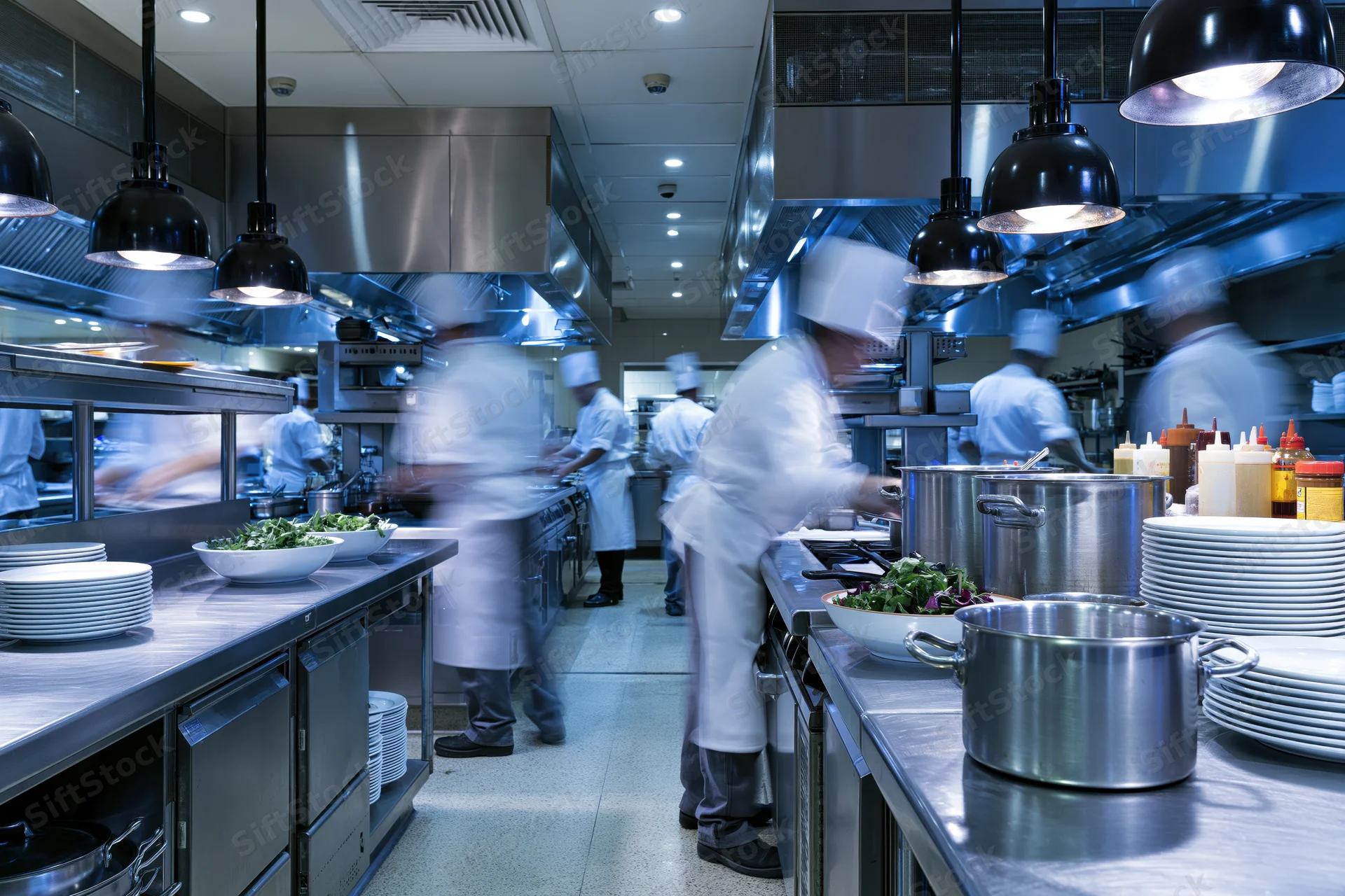 Chefs cooking in a commercial restaurant kitchen during dinner service