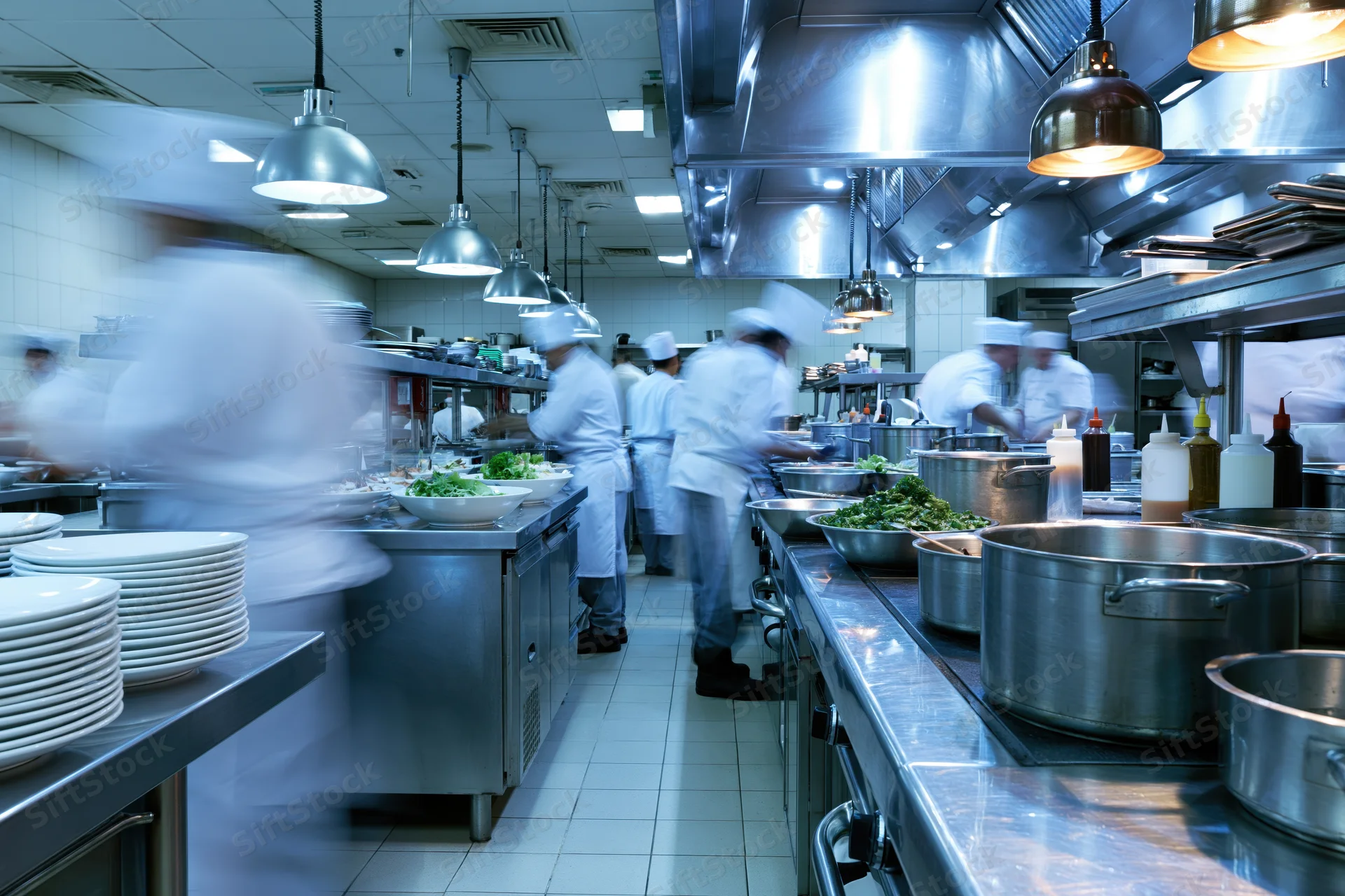 Chefs cooking in a busy commercial restaurant kitchen during dinner service