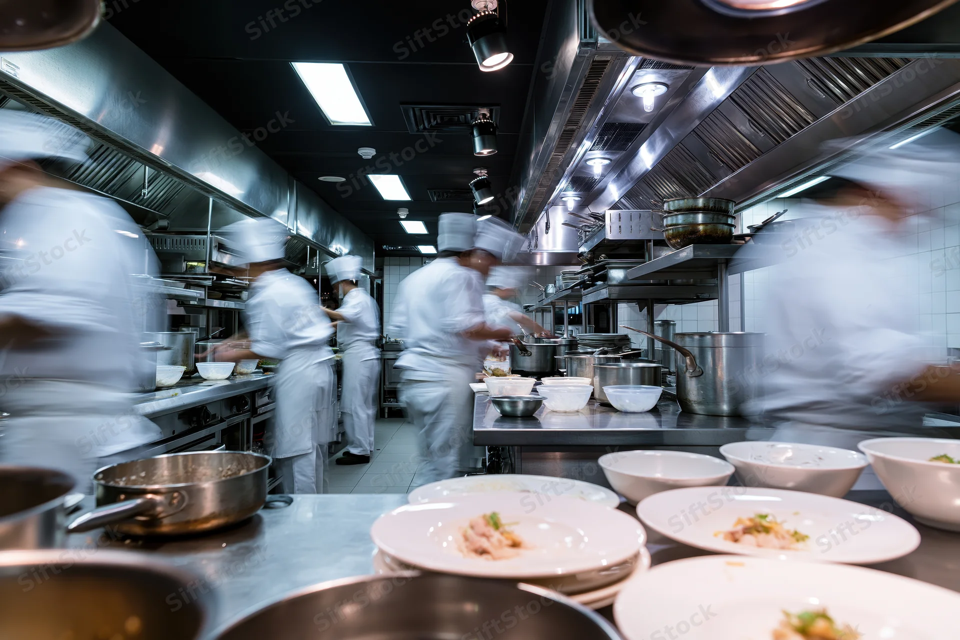 Chefs cooking in a busy commercial restaurant kitchen during dinner service rush