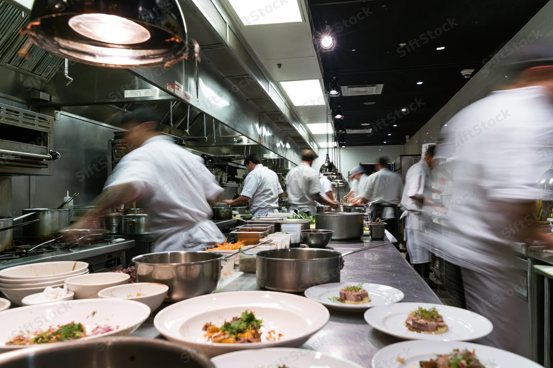 Chefs cooking in a busy commercial restaurant kitchen during dinner service rush