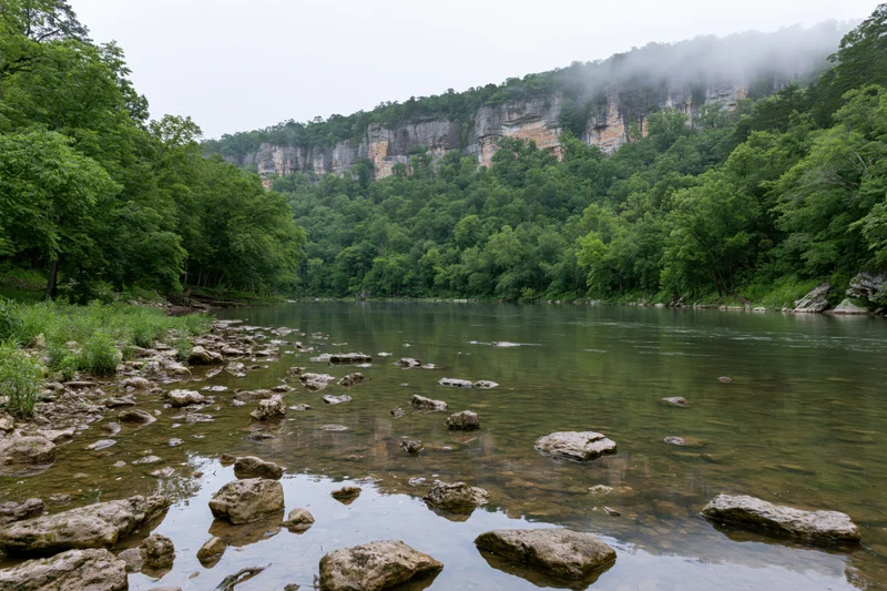 Calm river flowing through limestone bluff canyon surrounded by dense green forest under misty overcast sky