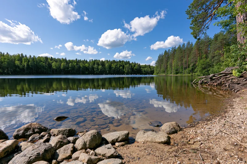 Calm inland lake with rocky shoreline and forest reflection under blue sky