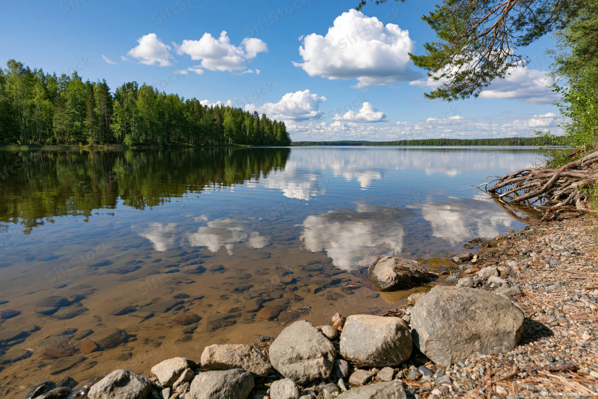 Calm inland lake with rocky shoreline and forest reflection under blue sky