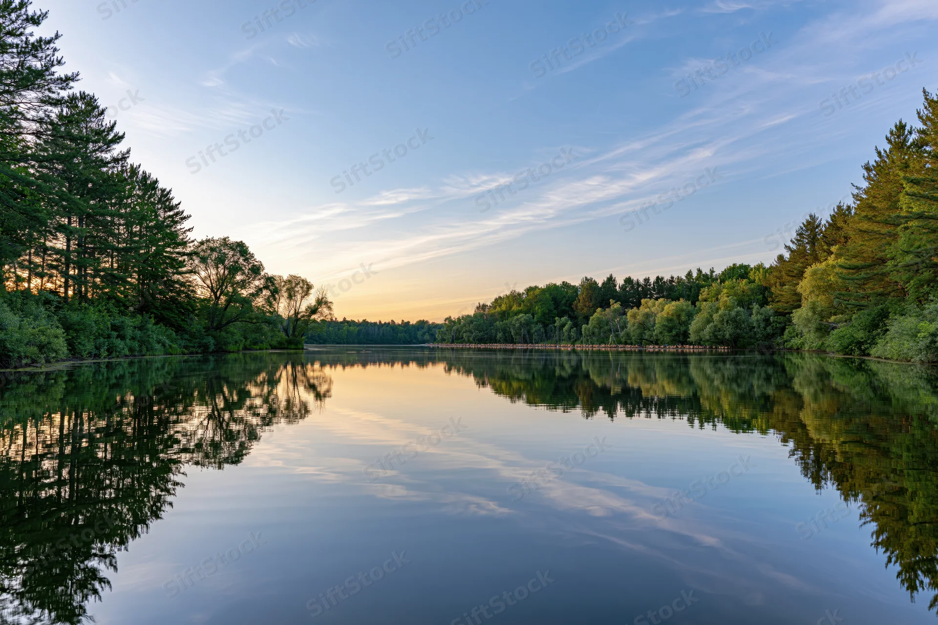 Calm river reflecting pine and willow trees at sunset in a forested landscape