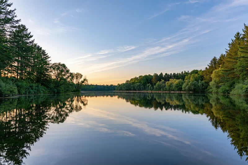 Calm river reflecting pine and willow trees at sunset in a forested landscape