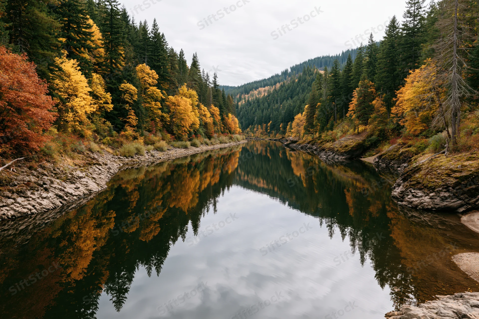 Calm river reflecting autumn trees in pacific northwest forest
