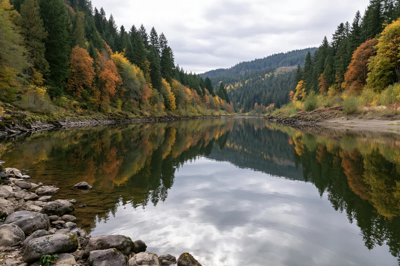 Calm river reflecting autumn forest in pacific northwest valley