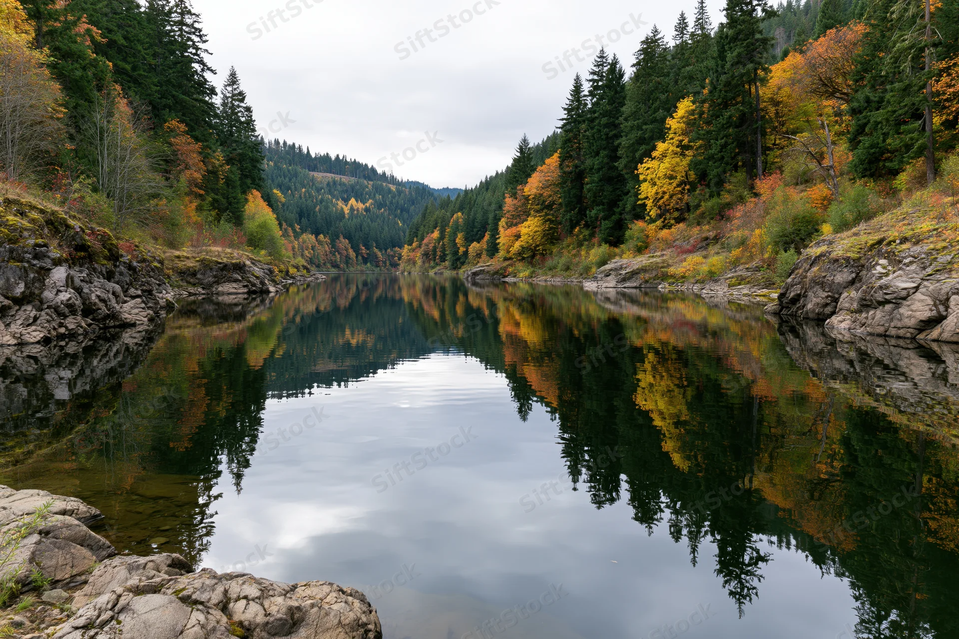 Calm river reflecting autumn forest trees in pacific northwest valley