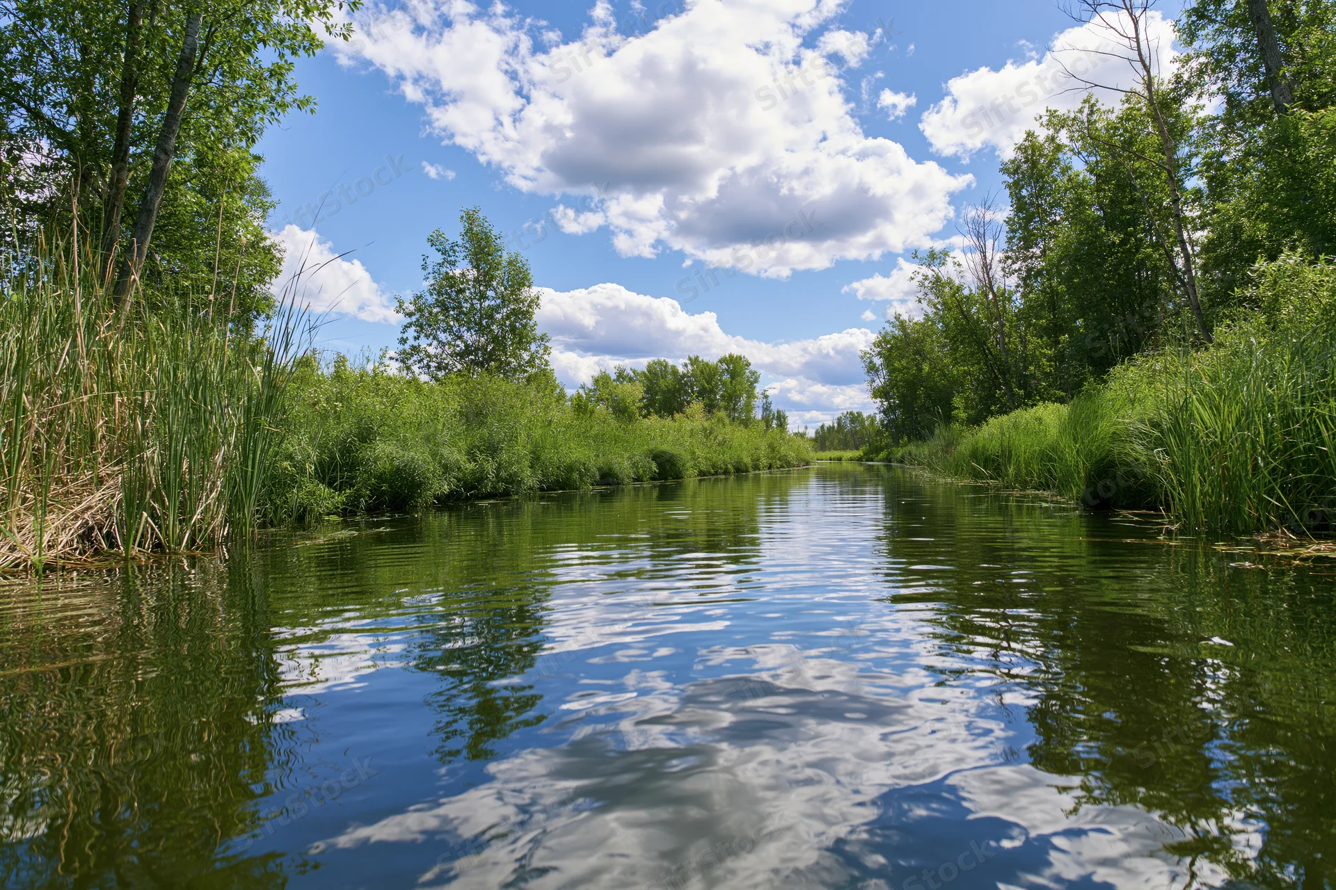 Calm river winding through lush green wetland vegetation under blue sky with clouds