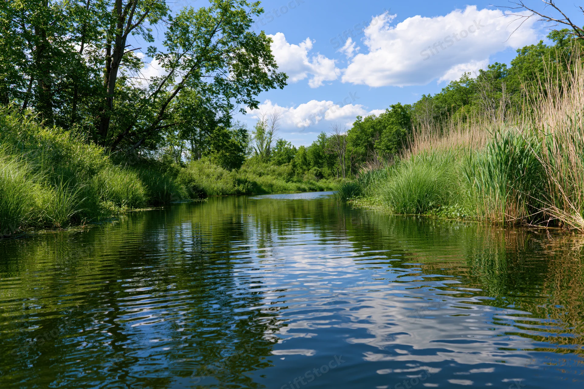 Calm river winding through lush green wetland vegetation under blue sky with clouds