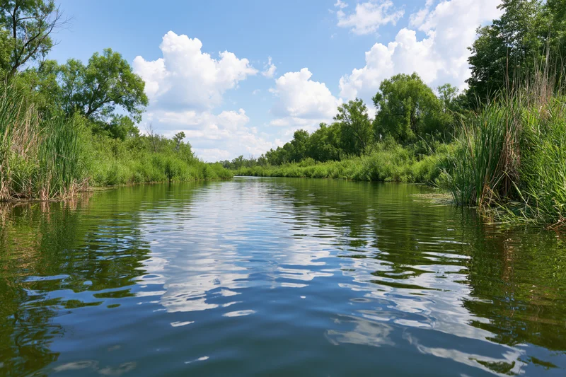 Calm river winding through lush green wetland vegetation under blue sky with white clouds