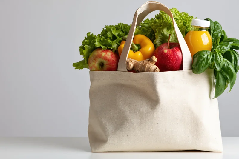 Canvas tote bag filled with fresh fruits vegetables and juice on white surface