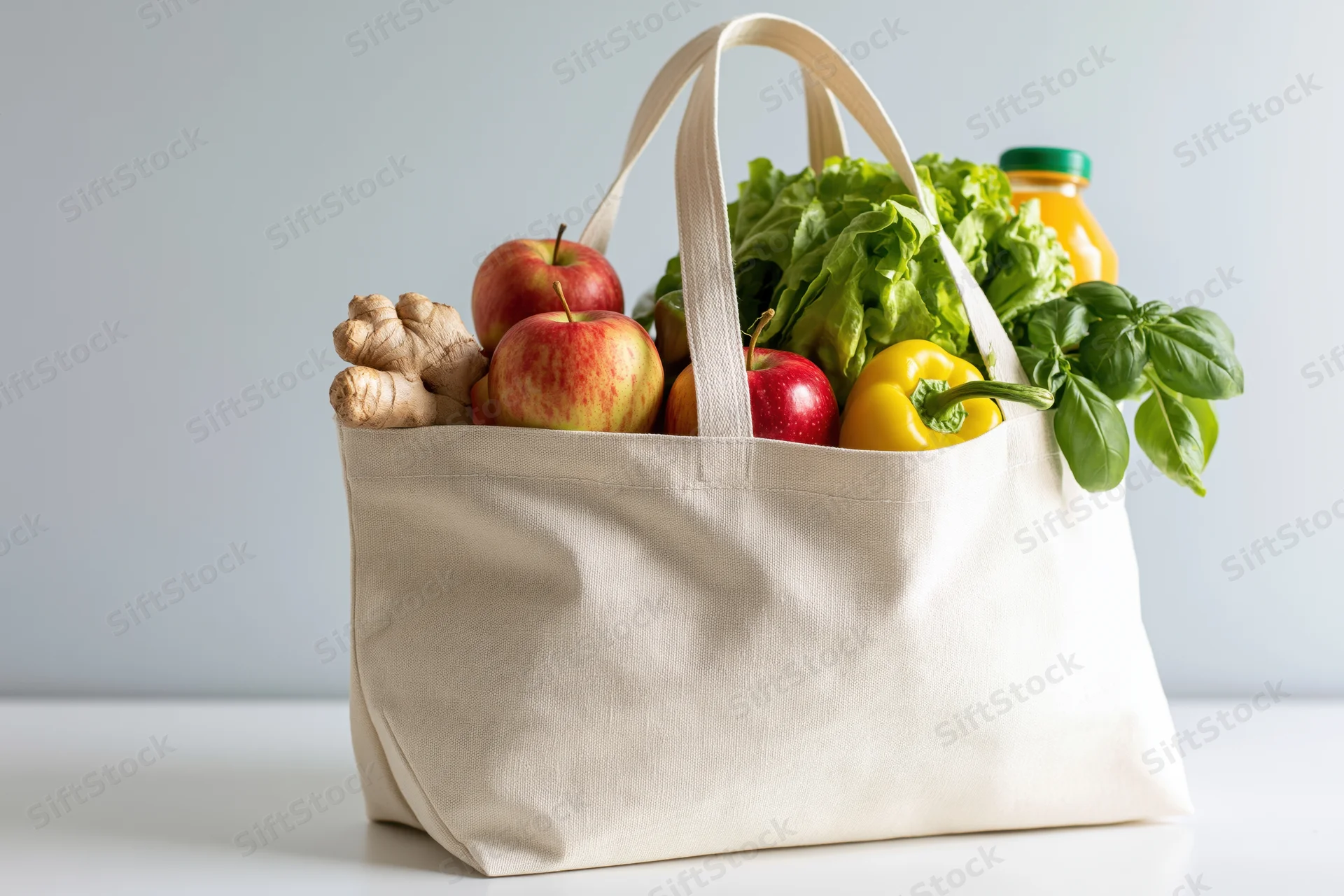 Canvas tote bag filled with fresh groceries including apples and lettuce on a white surface
