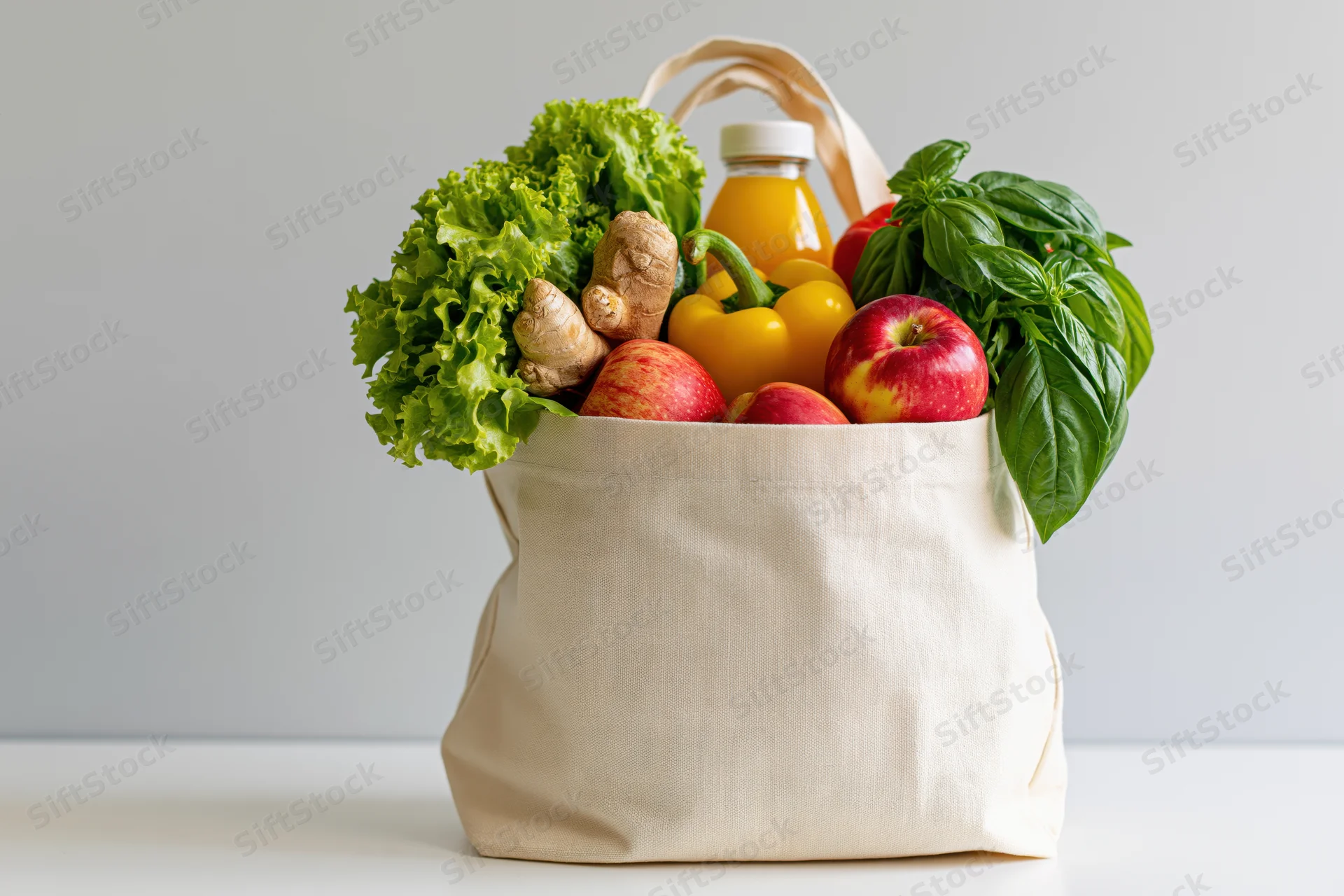 Canvas tote bag filled with fresh produce and juice on a white surface
