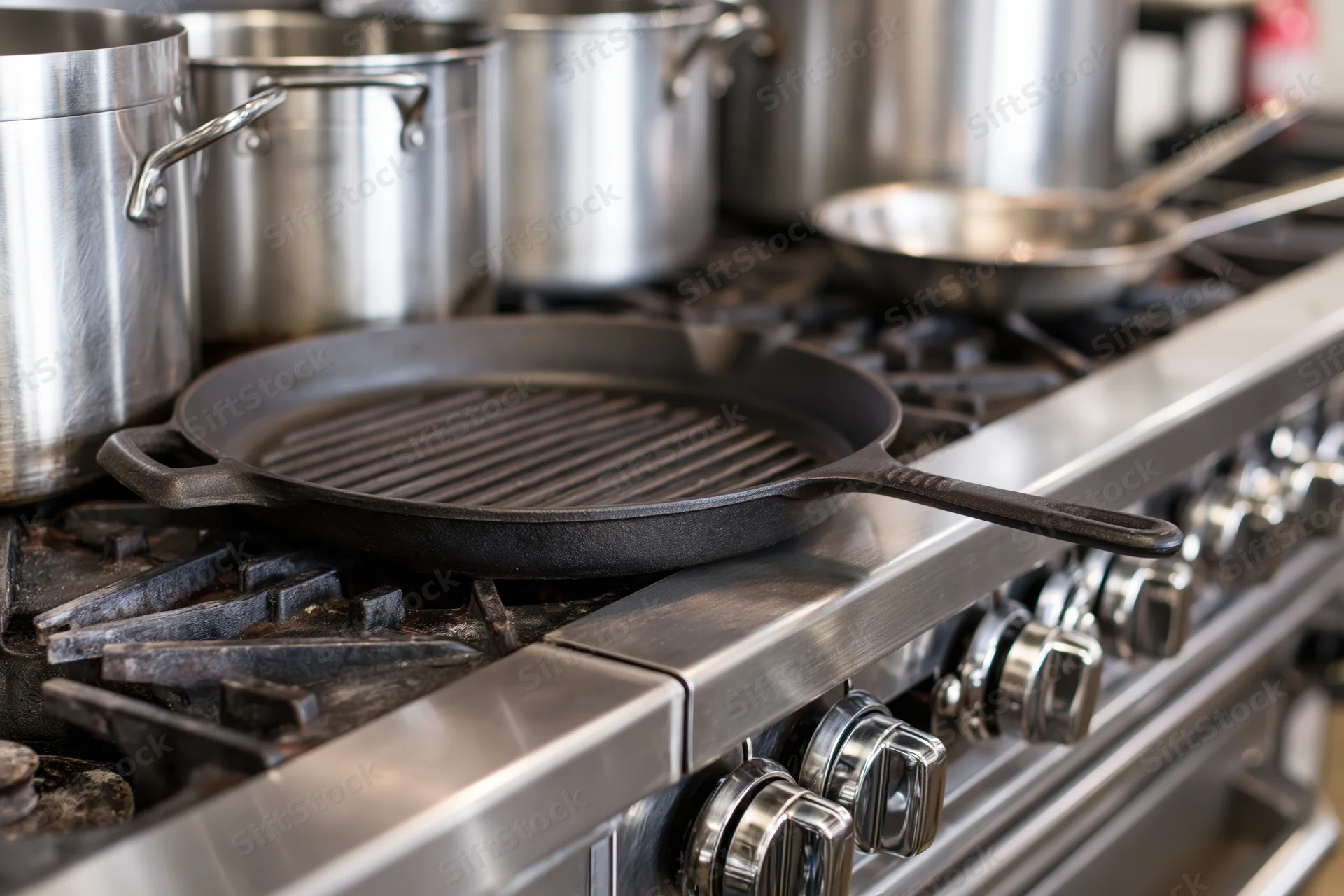 Cast iron grill pan resting on a professional stainless steel gas stove in a commercial kitchen
