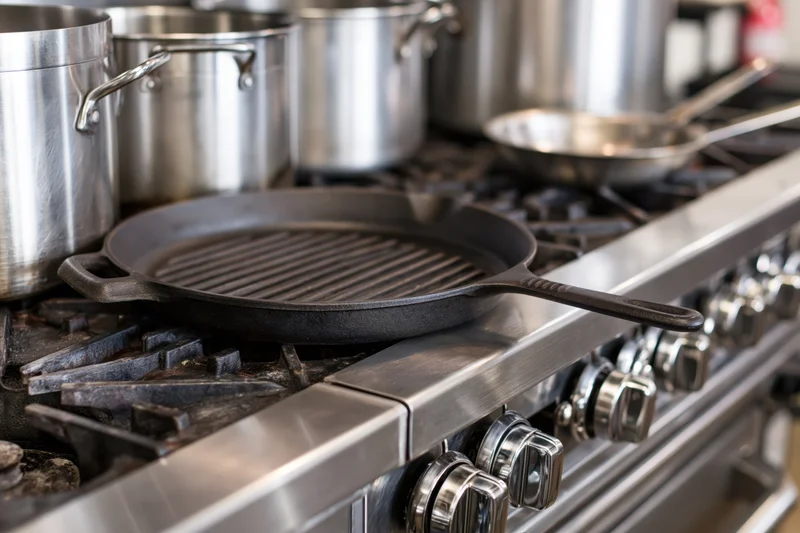 Cast iron grill pan resting on a professional stainless steel gas stove in a commercial kitchen