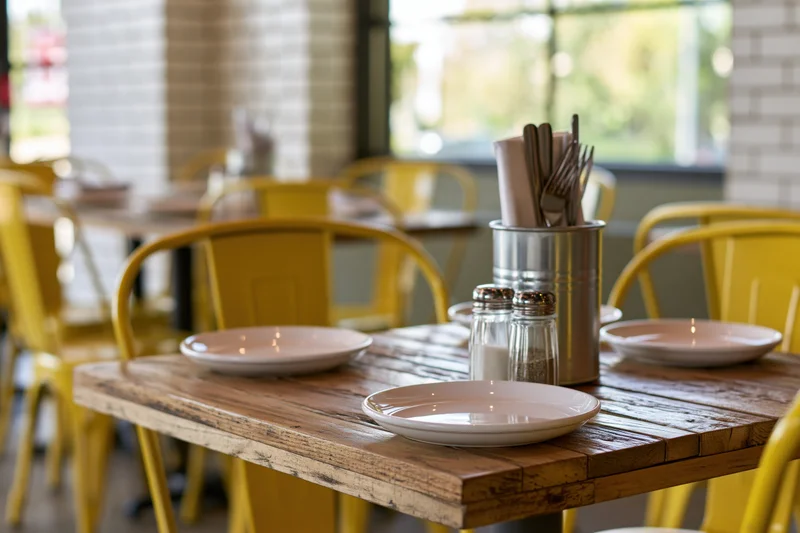 Wooden dining table set with white plates and cutlery in a casual restaurant with yellow chairs