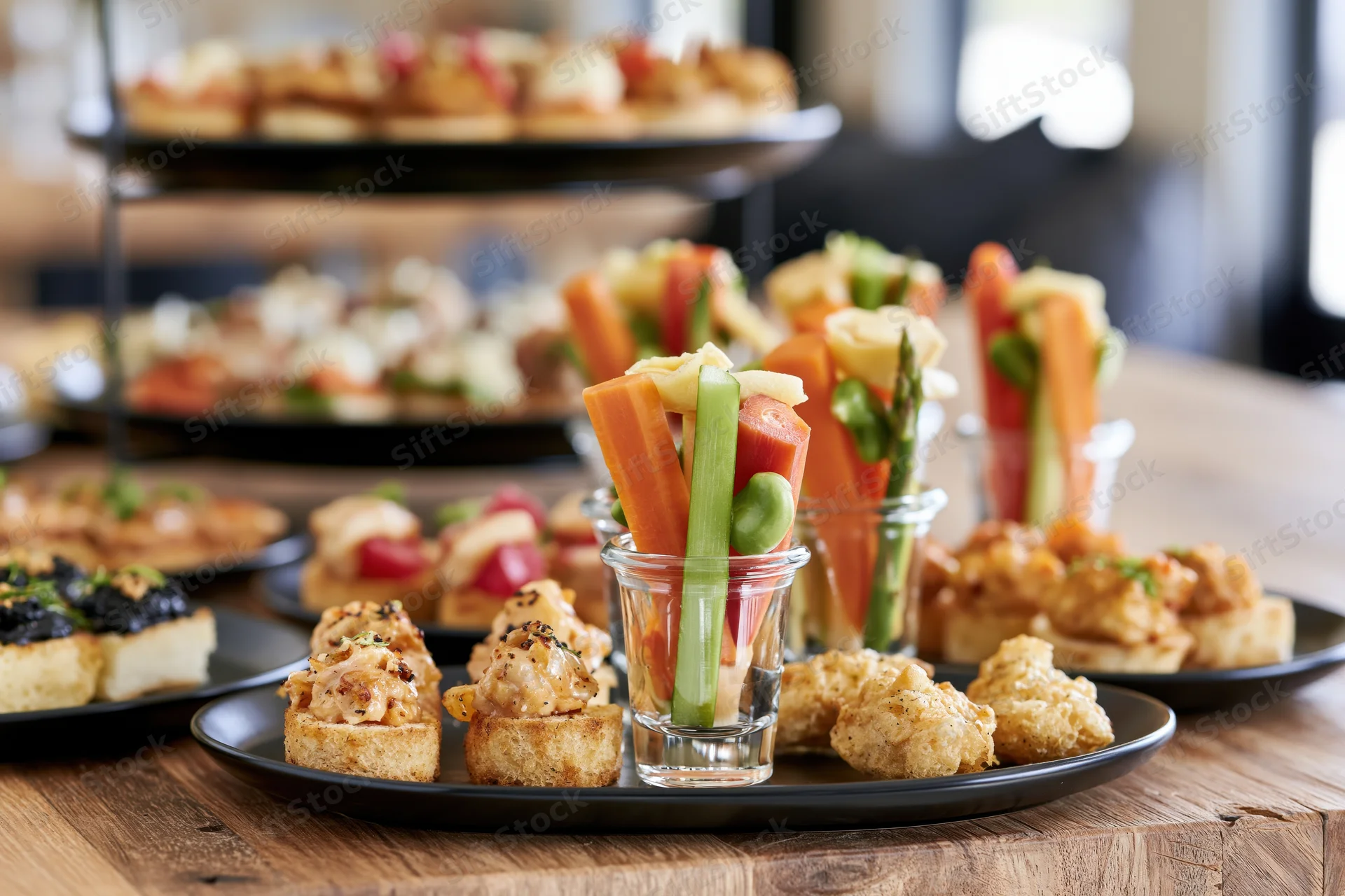 Assorted canapes and vegetable skewers arranged on black plates and glass cups on a wooden table