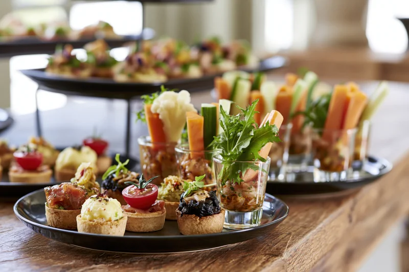 Assorted canapes and vegetable platters arranged on a wooden table for a catering event
