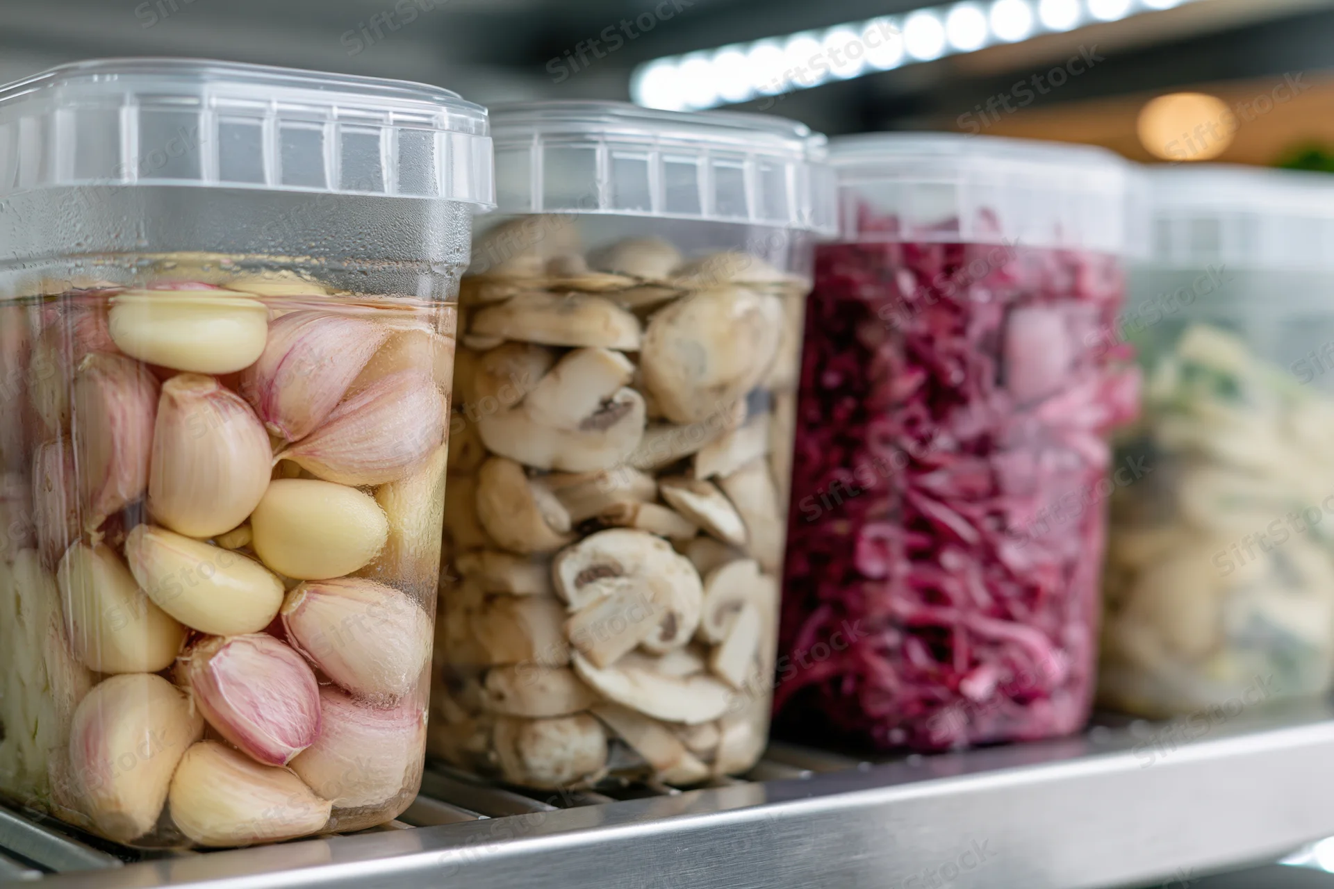 Clear plastic containers holding pickled garlic, mushrooms, and red cabbage on a refrigerator shelf