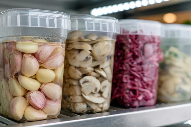 Clear plastic containers holding pickled garlic, mushrooms, and red cabbage on a refrigerator shelf