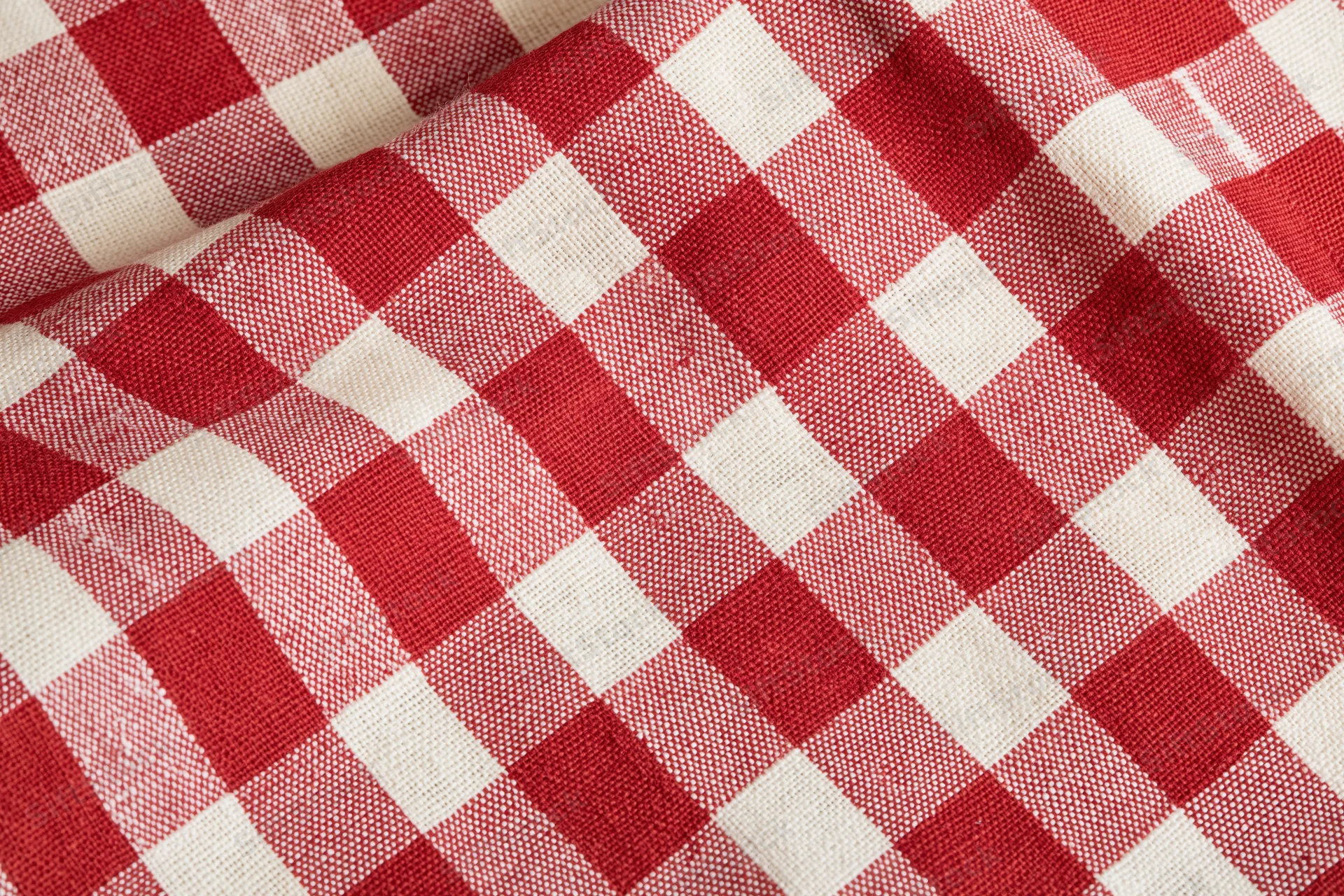 Close-up of red and white gingham cotton tablecloth with visible weave and folds