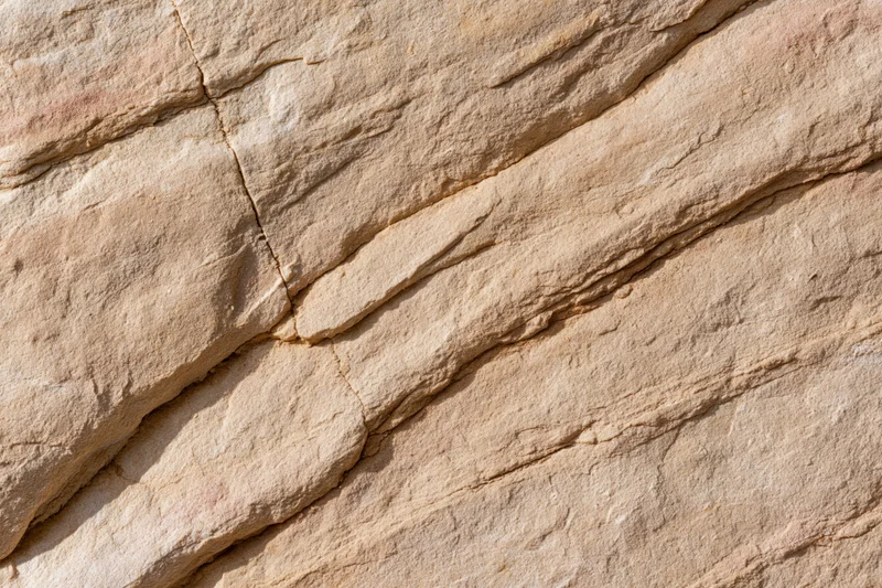 Close-up of rough sandstone rock surface with visible layers and cracks under daylight