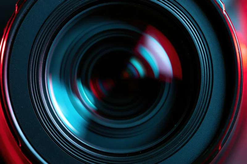 Close-up of a camera lens front element showing reflections and circular glass surface
