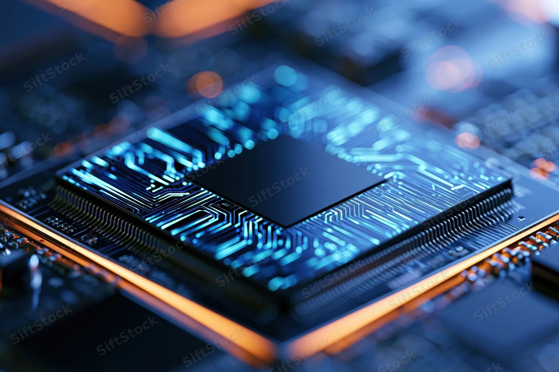Close-up of a computer processor chip mounted on a circuit board with glowing blue pathways